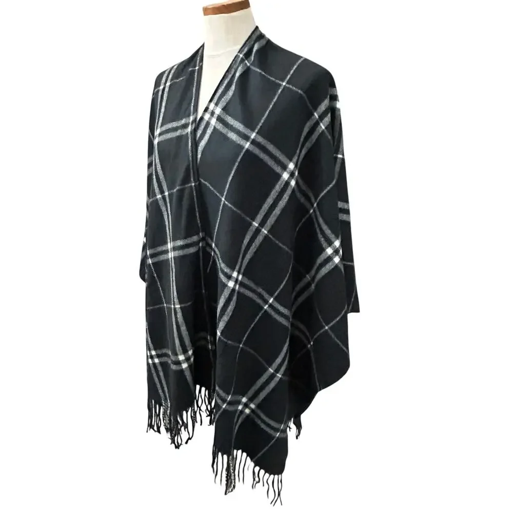 Vintage Plaid Fringe Shawl Wrap Blanket Scarf One Size Cozy Oversize Fall Autumn